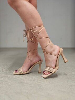 Braided Beige Lace-Up Heels With Square Toe & Stiletto Heel Design